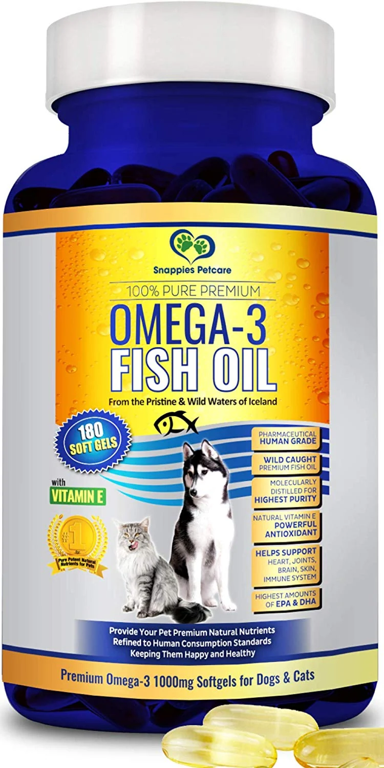 Snappies Petcare Omega 3 aceite de pescado para perros y gatos – Wild Islandic Natural sin olor líquido aceite de pescado Pet Suplemento con vitamina E – más EPA y DHA que el aceite de salmón para una nutrición óptima/salud
