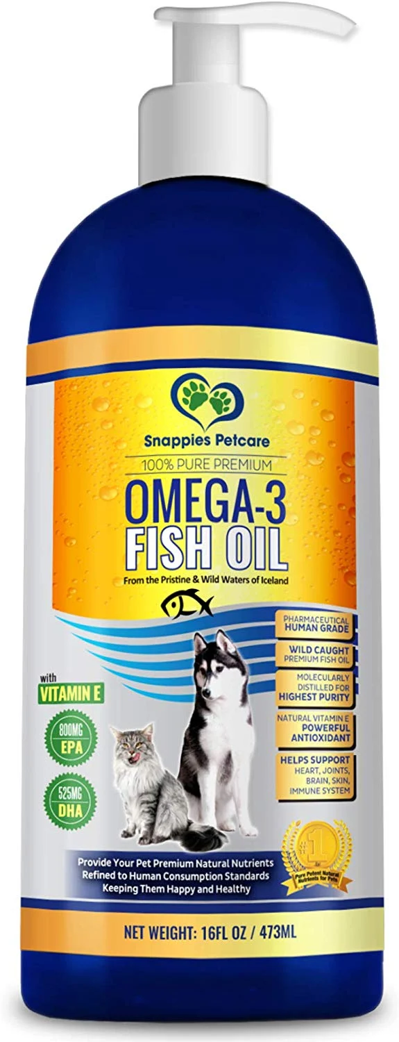 Snappies Petcare Omega 3 aceite de pescado para perros y gatos – Wild Islandic Natural sin olor líquido aceite de pescado Pet Suplemento con vitamina E – más EPA y DHA que el aceite de salmón para una nutrición óptima/salud