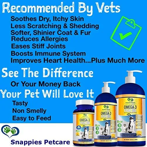 Snappies Petcare Omega 3 aceite de pescado para perros y gatos – Wild Islandic Natural sin olor líquido aceite de pescado Pet Suplemento con vitamina E – más EPA y DHA que el aceite de salmón para una nutrición óptima/salud