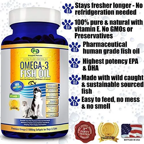 Snappies Petcare Omega 3 aceite de pescado para perros y gatos – Wild Islandic Natural sin olor líquido aceite de pescado Pet Suplemento con vitamina E – más EPA y DHA que el aceite de salmón para una nutrición óptima/salud