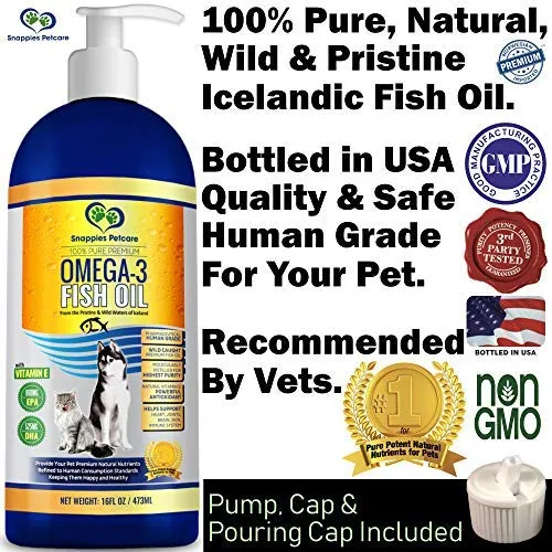 Snappies Petcare Omega 3 aceite de pescado para perros y gatos – Wild Islandic Natural sin olor líquido aceite de pescado Pet Suplemento con vitamina E – más EPA y DHA que el aceite de salmón para una nutrición óptima/salud