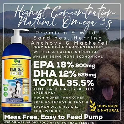 Snappies Petcare Omega 3 aceite de pescado para perros y gatos – Wild Islandic Natural sin olor líquido aceite de pescado Pet Suplemento con vitamina E – más EPA y DHA que el aceite de salmón para una nutrición óptima/salud