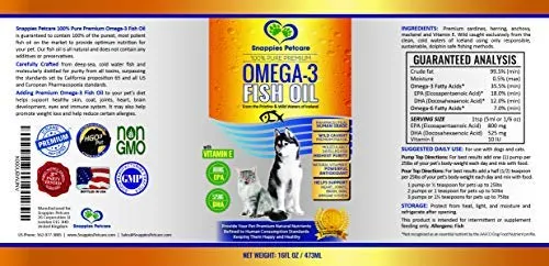 Snappies Petcare Omega 3 aceite de pescado para perros y gatos – Wild Islandic Natural sin olor líquido aceite de pescado Pet Suplemento con vitamina E – más EPA y DHA que el aceite de salmón para una nutrición óptima/salud