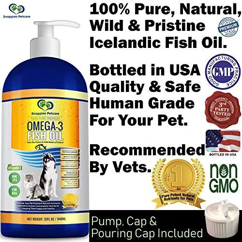 Snappies Petcare Omega 3 aceite de pescado para perros y gatos – Wild Islandic Natural sin olor líquido aceite de pescado Pet Suplemento con vitamina E – más EPA y DHA que el aceite de salmón para una nutrición óptima/salud