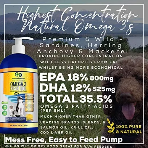Snappies Petcare Omega 3 aceite de pescado para perros y gatos – Wild Islandic Natural sin olor líquido aceite de pescado Pet Suplemento con vitamina E – más EPA y DHA que el aceite de salmón para una nutrición óptima/salud