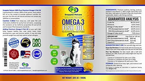 Snappies Petcare Omega 3 aceite de pescado para perros y gatos – Wild Islandic Natural sin olor líquido aceite de pescado Pet Suplemento con vitamina E – más EPA y DHA que el aceite de salmón para una nutrición óptima/salud