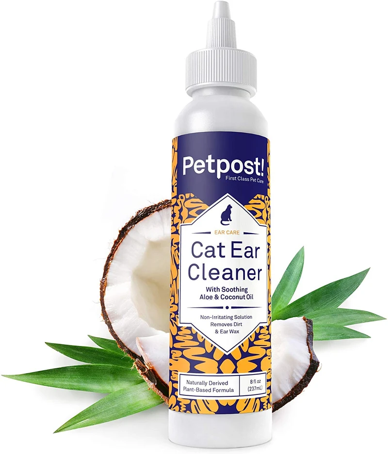 Toallitas limpiadoras de oídos de la marca Petpost para perro y gato, solución de aceite de coco natural, el mejor remedio para los ácaros de oído, cándida e infección en oídos que casa cera, sin alcohol ni irritantes (8 onzas)