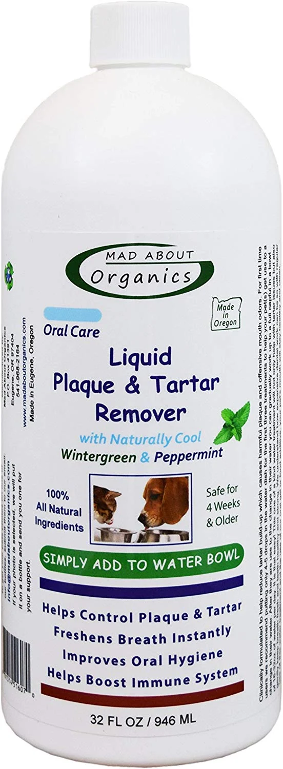 Mad About Organics - Placa de cuidado diario para perro y gato, eliminador de tartar y líquido (38 oz)