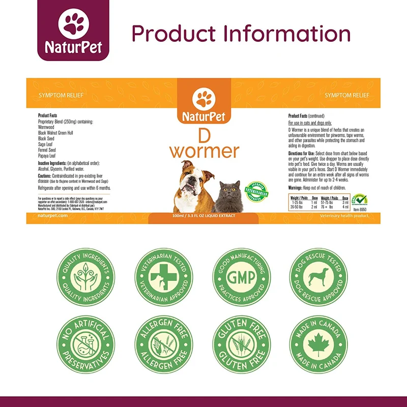 NaturPet D Wormer | 100% natural, seguro, eficaz desparasitario para perros y gatos | 3.3 oz líquido desparasitador de hierbas | el único medicamento natural para desparasitar mascotas que calma y cura el tracto digestivo