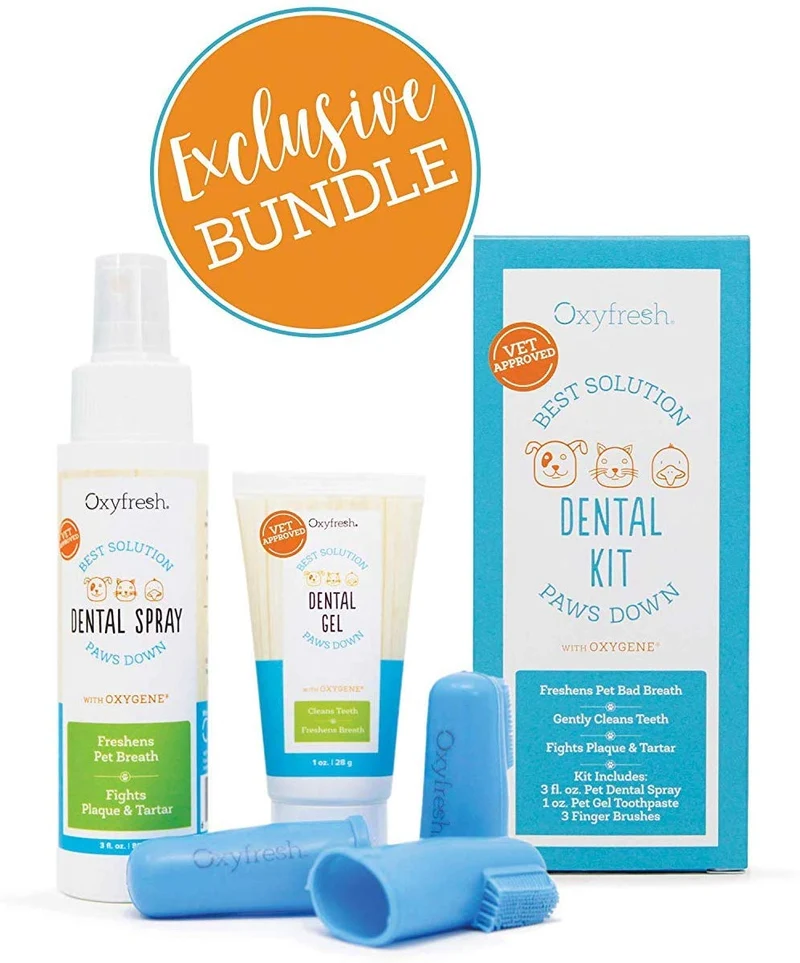 Kit dental premium para mascotas de Oxyfresh: el mejor tratamiento para el mal aliento para perros y gatos – Solución fácil y segura y eficaz – Tamaño de viaje – Pasta de dientes para mascotas sin sabor, cepillo de dedos para mascotas y spray dental para