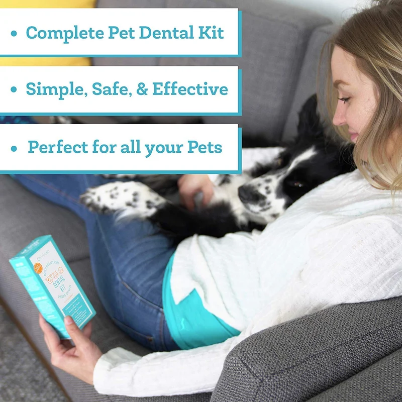 Kit dental premium para mascotas de Oxyfresh: el mejor tratamiento para el mal aliento para perros y gatos – Solución fácil y segura y eficaz – Tamaño de viaje – Pasta de dientes para mascotas sin sabor, cepillo de dedos para mascotas y spray dental para
