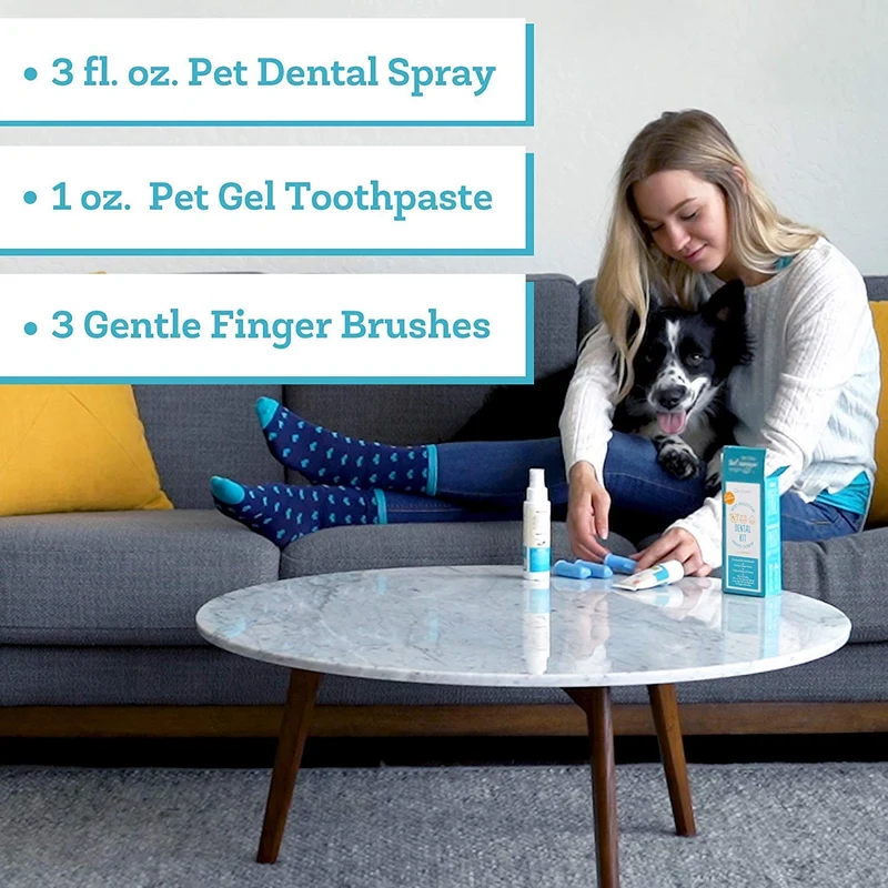 Kit dental premium para mascotas de Oxyfresh: el mejor tratamiento para el mal aliento para perros y gatos – Solución fácil y segura y eficaz – Tamaño de viaje – Pasta de dientes para mascotas sin sabor, cepillo de dedos para mascotas y spray dental para