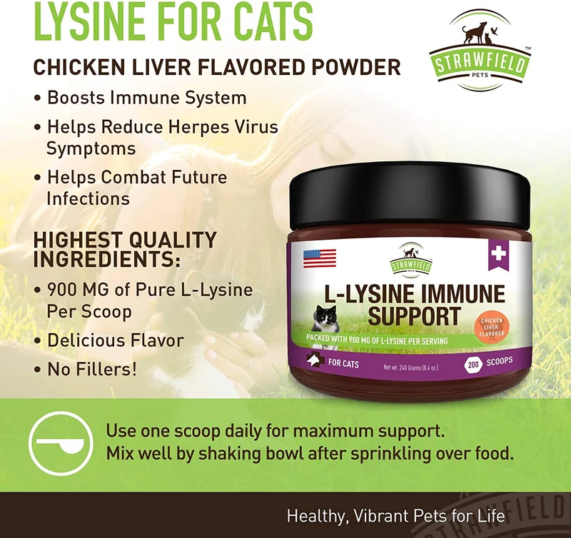 Strawfield – Limina para mascotas para gatos – el mejor suplemento de polvo L-lisine para todo el sistema de inmunización natural – Ayuda a mantener la salud respiratoria y de los ojos – 900 mg por servir – 8oz – Fabricado en los Estados Unidos
