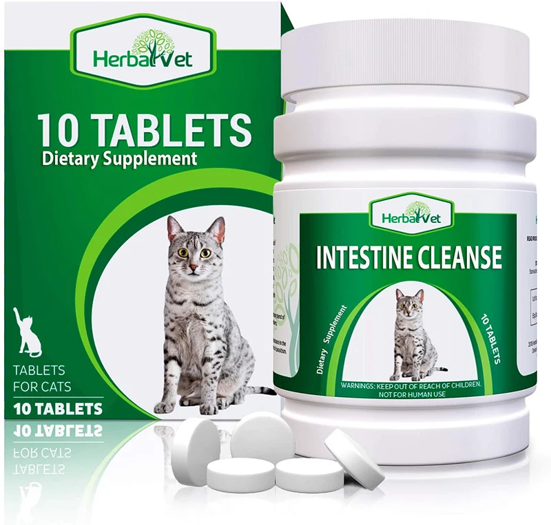 HerbalVet 10 Tablets Cat Intestinal Cleanse | Cat Dewormer Alternative | Cleansing Tablets for Cats, Promotes Intestinal Health | 4 Tablets, Works for Kittens | Helpful E-Book Included