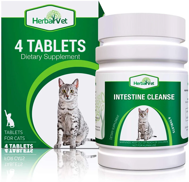 HerbalVet 10 Tablets Cat Intestinal Cleanse | Cat Dewormer Alternative | Cleansing Tablets for Cats, Promotes Intestinal Health | 4 Tablets, Works for Kittens | Helpful E-Book Included