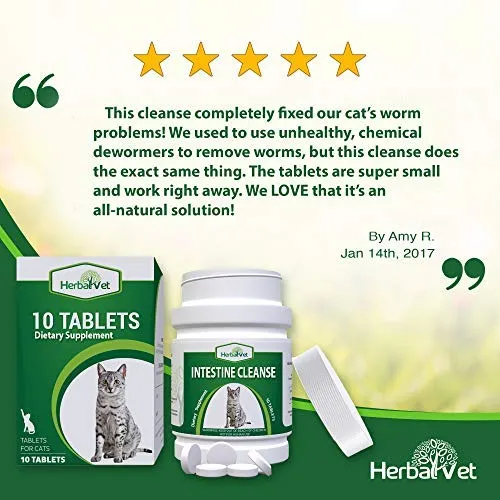 HerbalVet 10 Tablets Cat Intestinal Cleanse | Cat Dewormer Alternative | Cleansing Tablets for Cats, Promotes Intestinal Health | 4 Tablets, Works for Kittens | Helpful E-Book Included