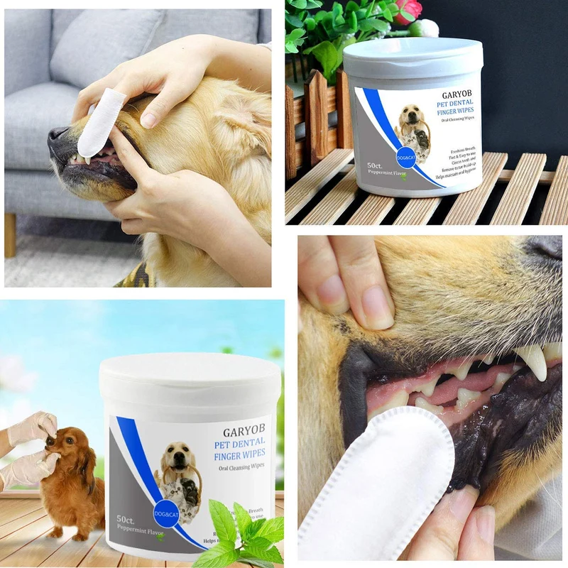 GARYOB Toallitas dentales para mascotas, limpieza oral, toallitas para dientes para perros y gatos, optimiza la salud oral, refresca el aliento, 50 toallitas