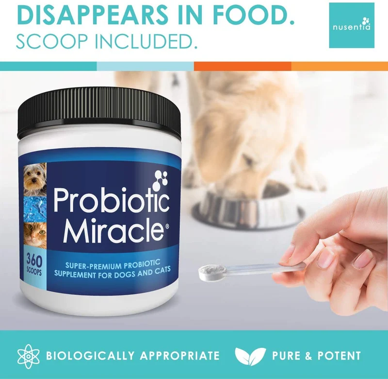 nusentia Probiotics Probiotico milagro Premium Fórmula para Wellness de apoyo para perros y gatos, 44 Gramos de polvos 120 Raciones