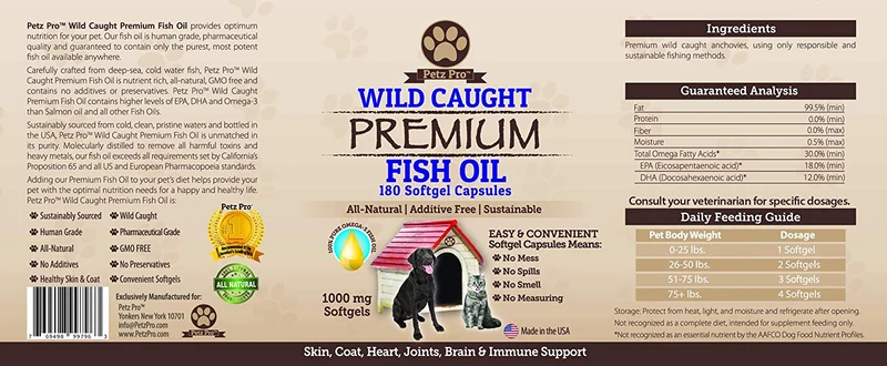 Omega 3 Aceite de Pescado salvaje Caught para perros EPA DHA, mayor en aceite de salmón Omega 3 ácidos grasos luego, Pure sin OMG, todos los alimentos suplemento naturales para Mascota, 180 softgels, 1000 mg por cápsula, No Mess no olor.