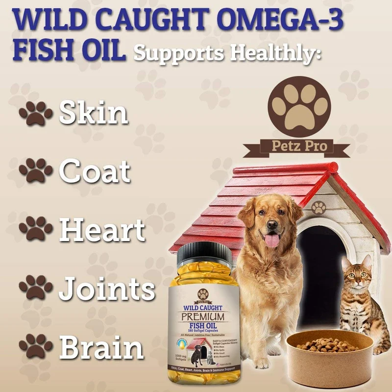 Omega 3 Aceite de Pescado salvaje Caught para perros EPA DHA, mayor en aceite de salmón Omega 3 ácidos grasos luego, Pure sin OMG, todos los alimentos suplemento naturales para Mascota, 180 softgels, 1000 mg por cápsula, No Mess no olor.