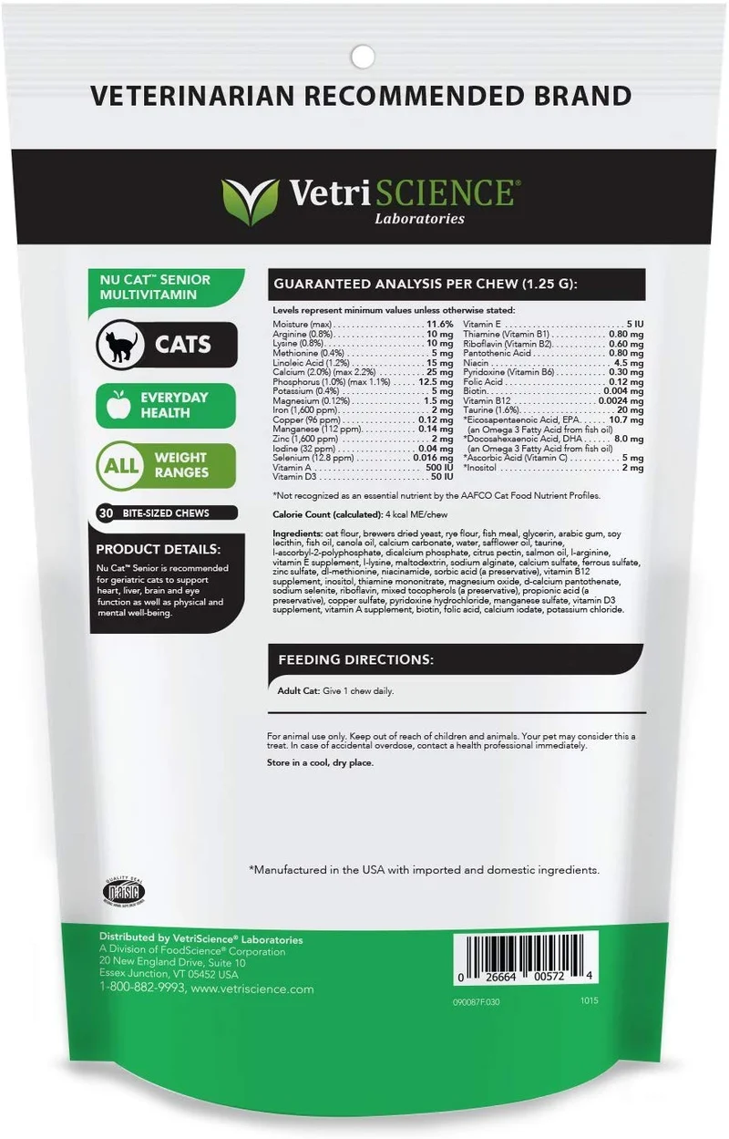 vetriscience laboratorios NU Cat Senior Multivitamin 30 Bite Sized Chews suave para gatos