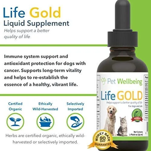 Suplemente Life Gold para perros y gatos de Pet Wellbeing, suplemento natural del cáncer para perros y gatos, 2 onzas