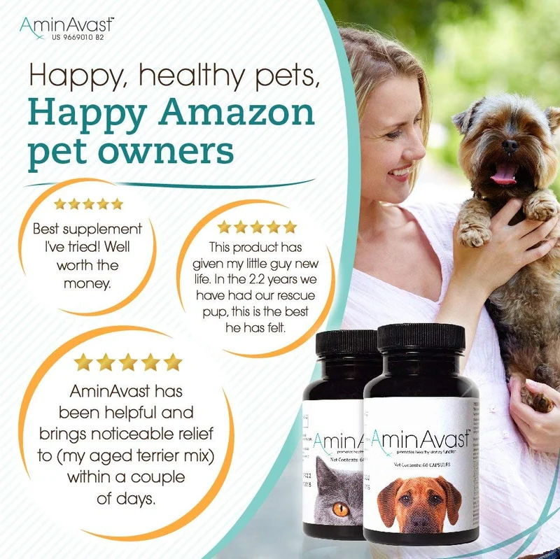 AminAvast Suplemento de apoyo renal para gatos y perros, 300 mg, promueve y apoya la función natural del riñón, 60 cápsulas espolvoreadoras
