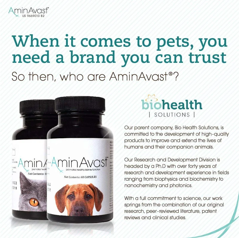 AminAvast Suplemento de apoyo renal para gatos y perros, 300 mg, promueve y apoya la función natural del riñón, 60 cápsulas espolvoreadoras