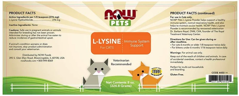 Now Pet Health, suplemento de lisina, en polvo, formulado para gatos, certificado por la NASC, 8 onzas