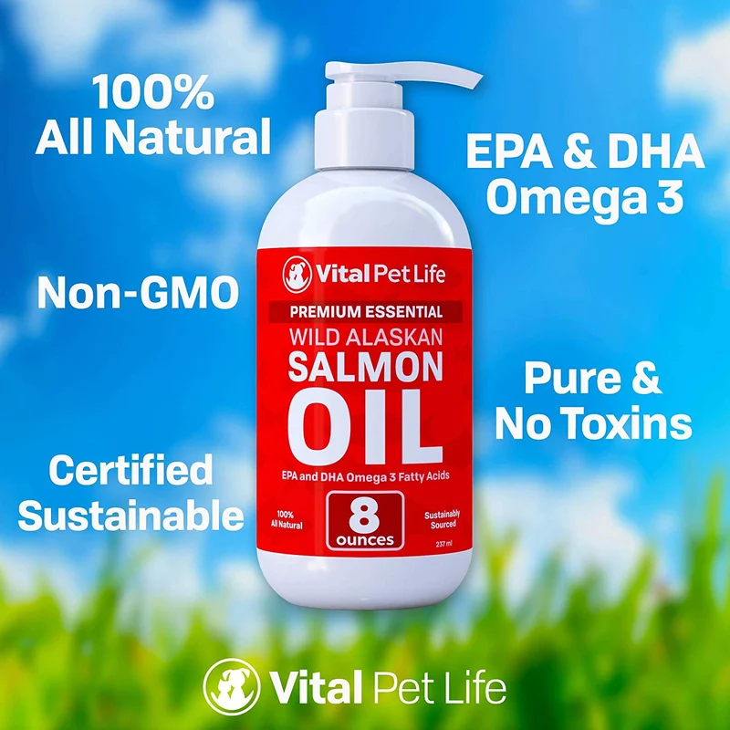 Aceite de salmón para perros, gatos y caballos, aceite de pescado Omega 3 Suplemento alimenticio para mascotas, Wild Alaskan 100% natural, ayuda a la piel seca, alergias y articulaciones, promueve un abrigo saludable, ayuda a la inflamación, 8 oz
