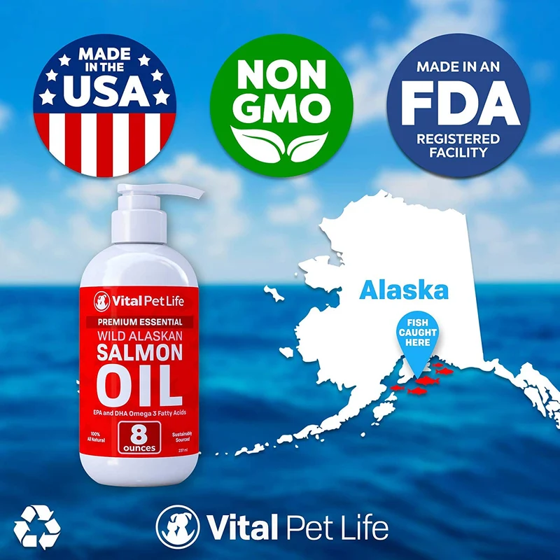 Aceite de salmón para perros, gatos y caballos, aceite de pescado Omega 3 Suplemento alimenticio para mascotas, Wild Alaskan 100% natural, ayuda a la piel seca, alergias y articulaciones, promueve un abrigo saludable, ayuda a la inflamación, 8 oz