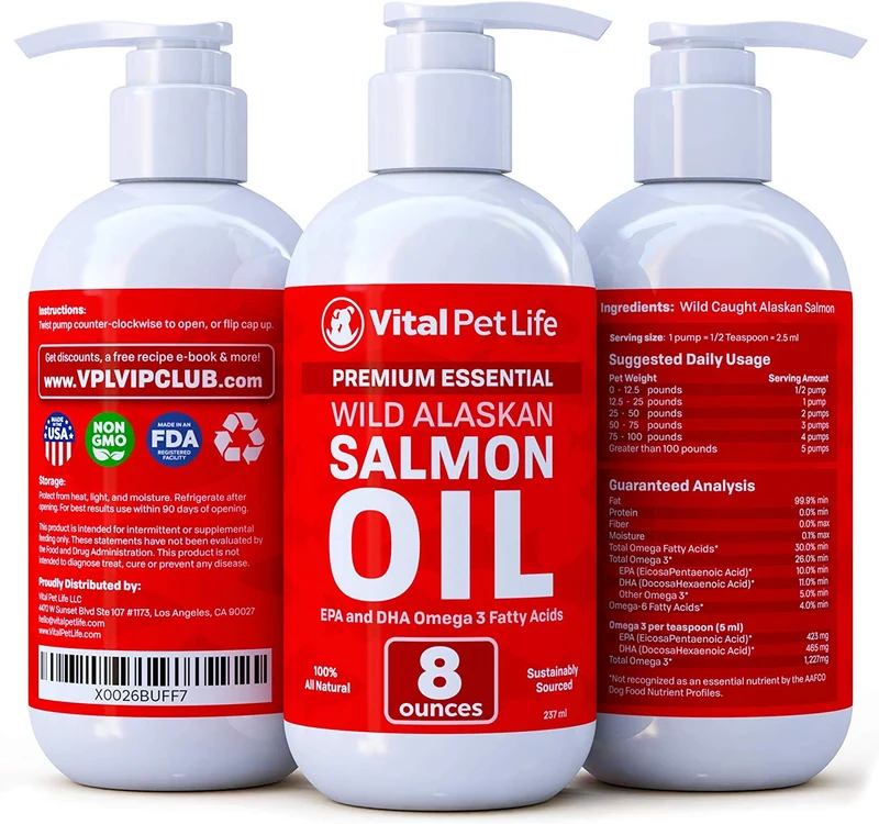 Aceite de salmón para perros, gatos y caballos, aceite de pescado Omega 3 Suplemento alimenticio para mascotas, Wild Alaskan 100% natural, ayuda a la piel seca, alergias y articulaciones, promueve un abrigo saludable, ayuda a la inflamación, 8 oz