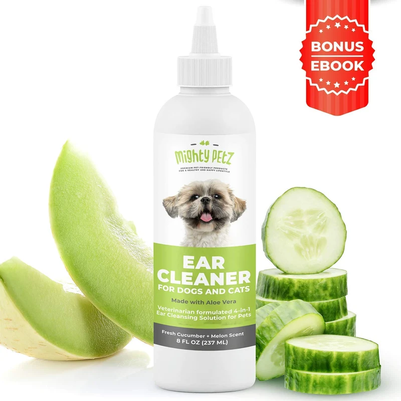 Limpiador de orejas de perro 4 en 1: solución de limpieza formulada por veterinarios + aloe vera para eliminar cera, residuos y olor en mascotas. Apoya las orejas propensas a la infección y reduce el temblor de la cabeza. Pepino fresco y melón, 8 oz