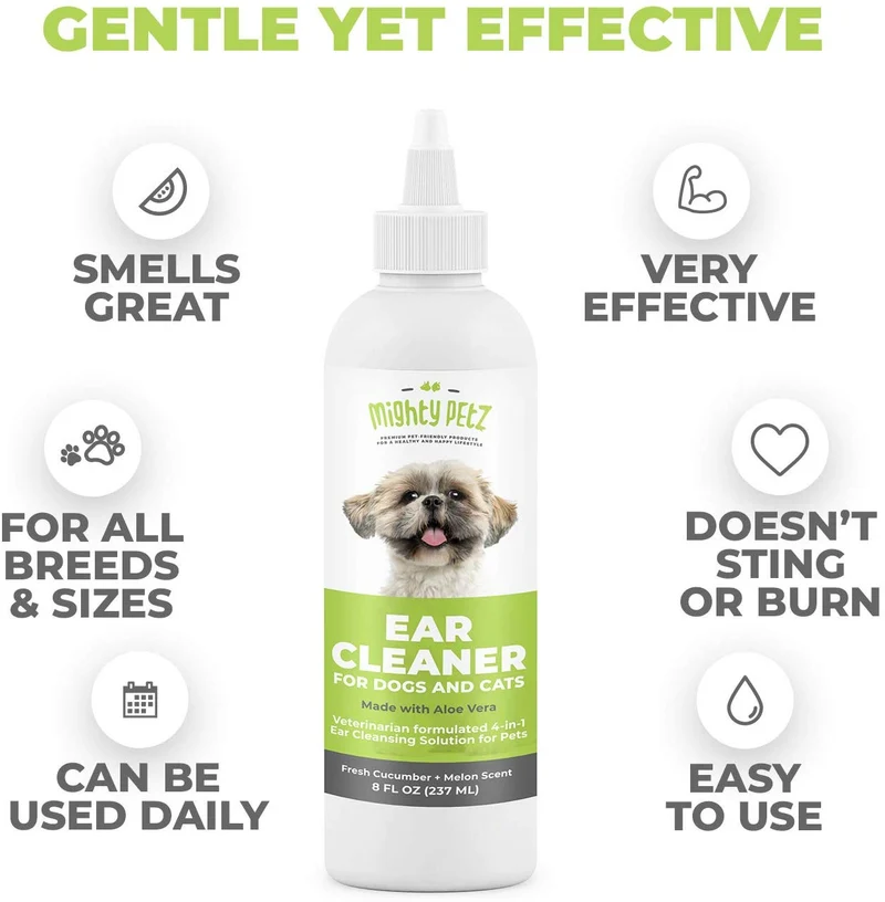 Limpiador de orejas de perro 4 en 1: solución de limpieza formulada por veterinarios + aloe vera para eliminar cera, residuos y olor en mascotas. Apoya las orejas propensas a la infección y reduce el temblor de la cabeza. Pepino fresco y melón, 8 oz