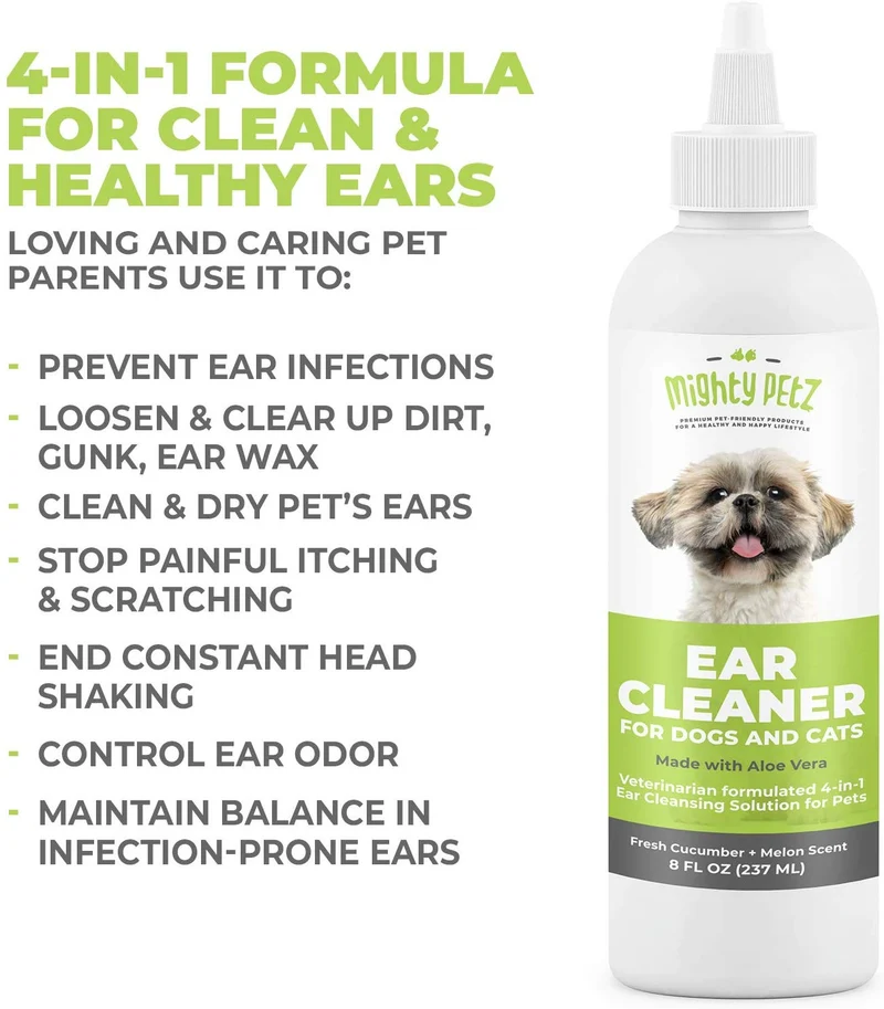 Limpiador de orejas de perro 4 en 1: solución de limpieza formulada por veterinarios + aloe vera para eliminar cera, residuos y olor en mascotas. Apoya las orejas propensas a la infección y reduce el temblor de la cabeza. Pepino fresco y melón, 8 oz