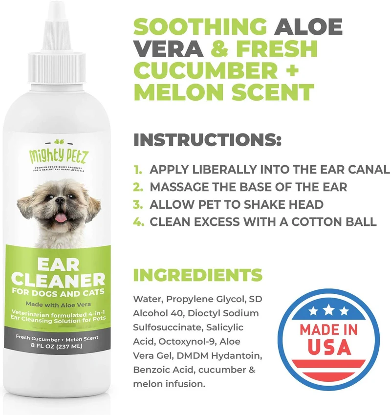 Limpiador de orejas de perro 4 en 1: solución de limpieza formulada por veterinarios + aloe vera para eliminar cera, residuos y olor en mascotas. Apoya las orejas propensas a la infección y reduce el temblor de la cabeza. Pepino fresco y melón, 8 oz