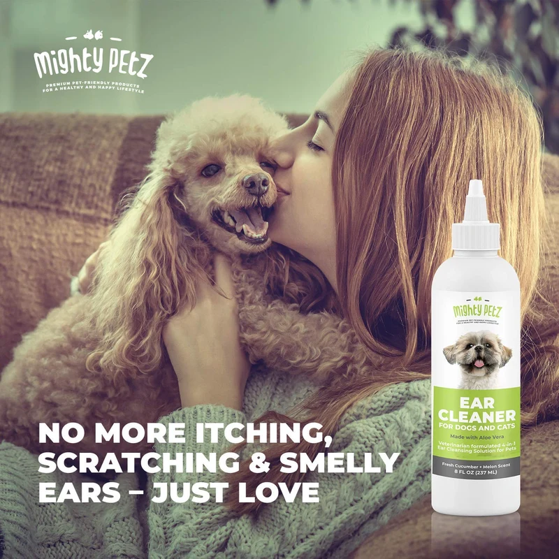 Limpiador de orejas de perro 4 en 1: solución de limpieza formulada por veterinarios + aloe vera para eliminar cera, residuos y olor en mascotas. Apoya las orejas propensas a la infección y reduce el temblor de la cabeza. Pepino fresco y melón, 8 oz