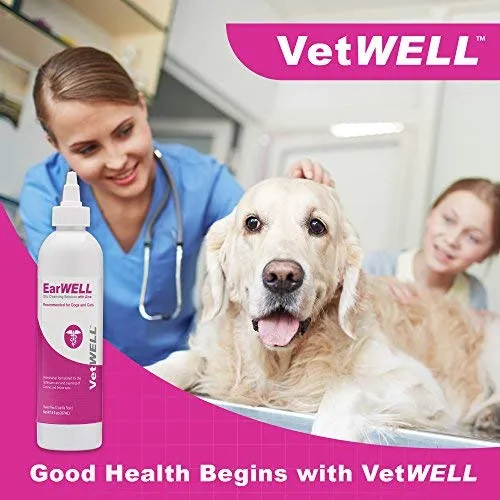 Vetwell - Limpiador de orejas de gato y perro, enjuague ótico para infecciones y control de levadura, ácaros y olor en mascotas, 8 onzas