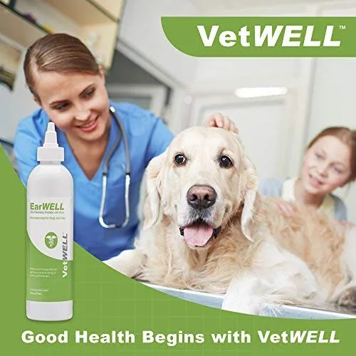 Vetwell - Limpiador de orejas de gato y perro, enjuague ótico para infecciones y control de levadura, ácaros y olor en mascotas, 8 onzas