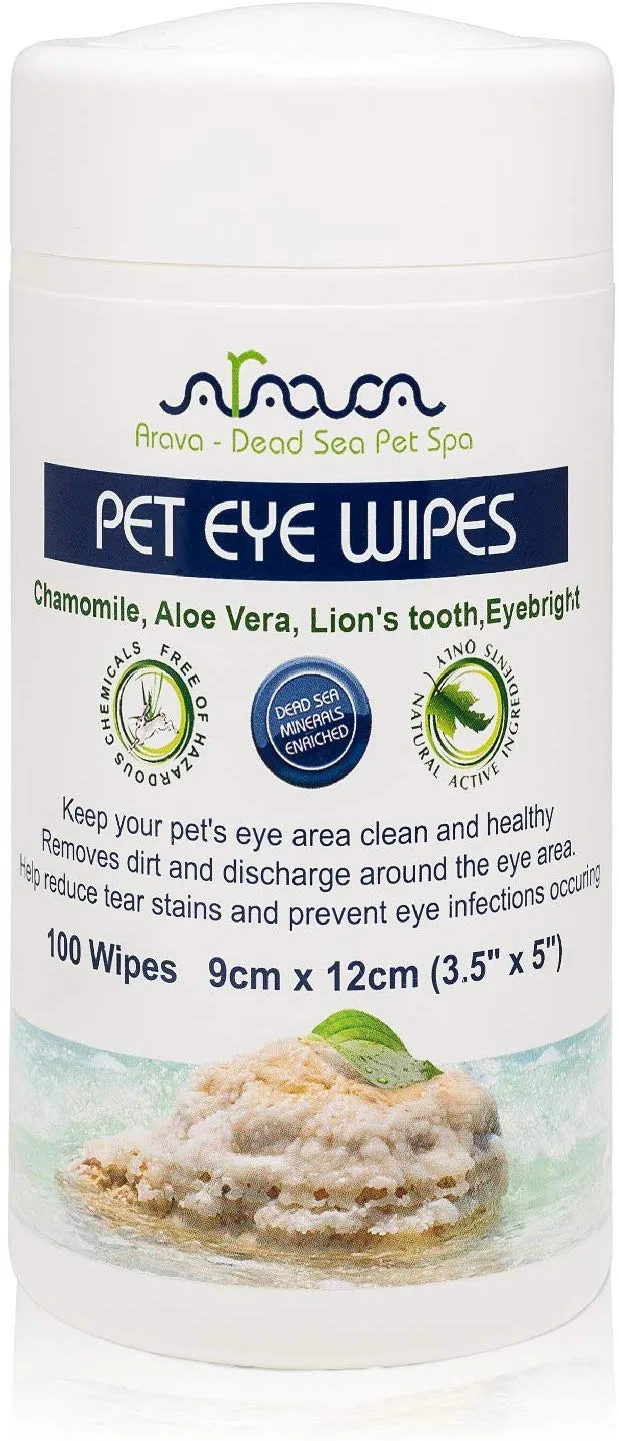 Toallitas de ojos para mascotas Arava – para perros, gatos, cachorros y gatitos – 100 unidades – Natural y aromaterapia medicada – Elimina la suciedad y la descarga – Evita las manchas de desgarro y las irritaciones – Suave y suave