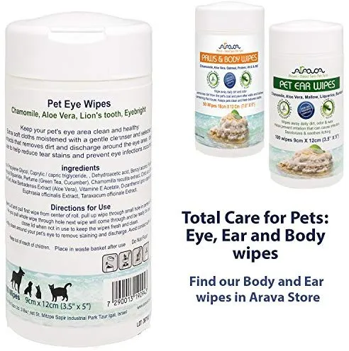 Toallitas de ojos para mascotas Arava – para perros, gatos, cachorros y gatitos – 100 unidades – Natural y aromaterapia medicada – Elimina la suciedad y la descarga – Evita las manchas de desgarro y las irritaciones – Suave y suave