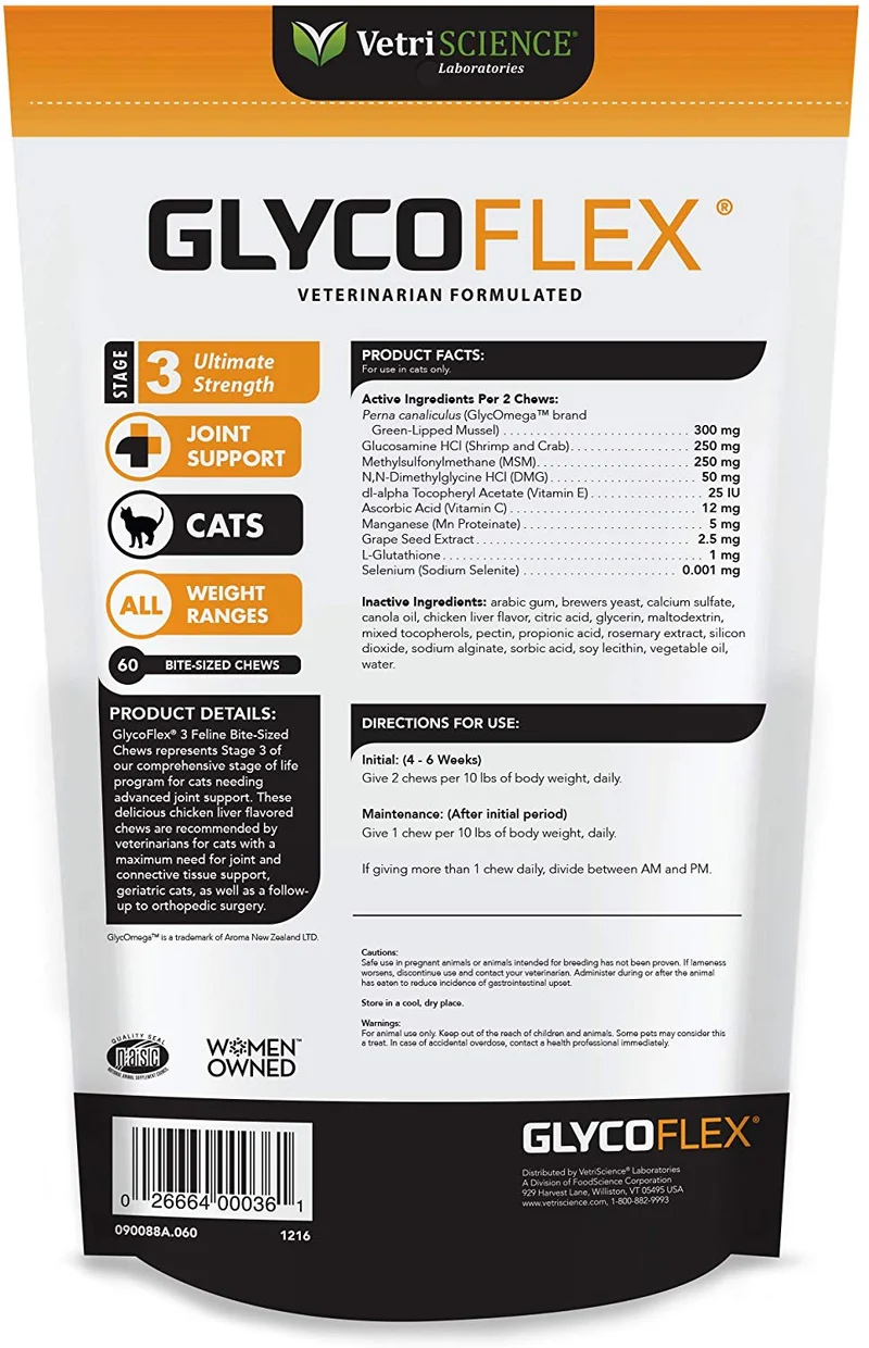 VetriScience Laboratories GlycoFlex 3, Suplemento para cadera y articulaciones de gatos, 60 pastillas de tamaño masticable