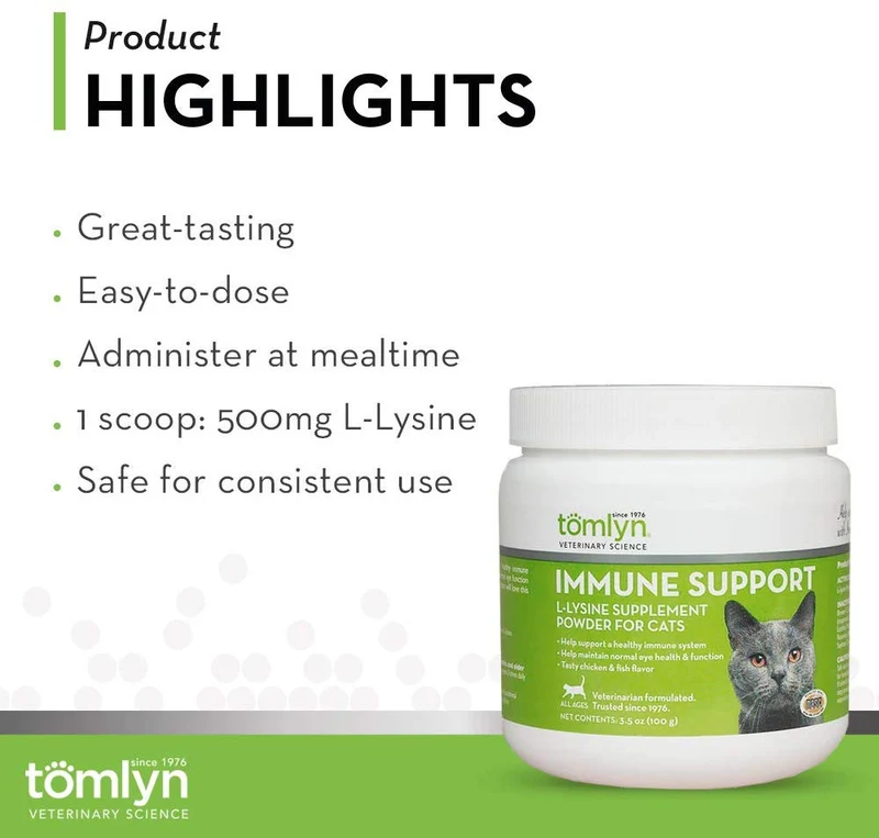 Suplemento inmunitario Tomlyn de L-Lisina en polvo para gatos, 0.22 libras.