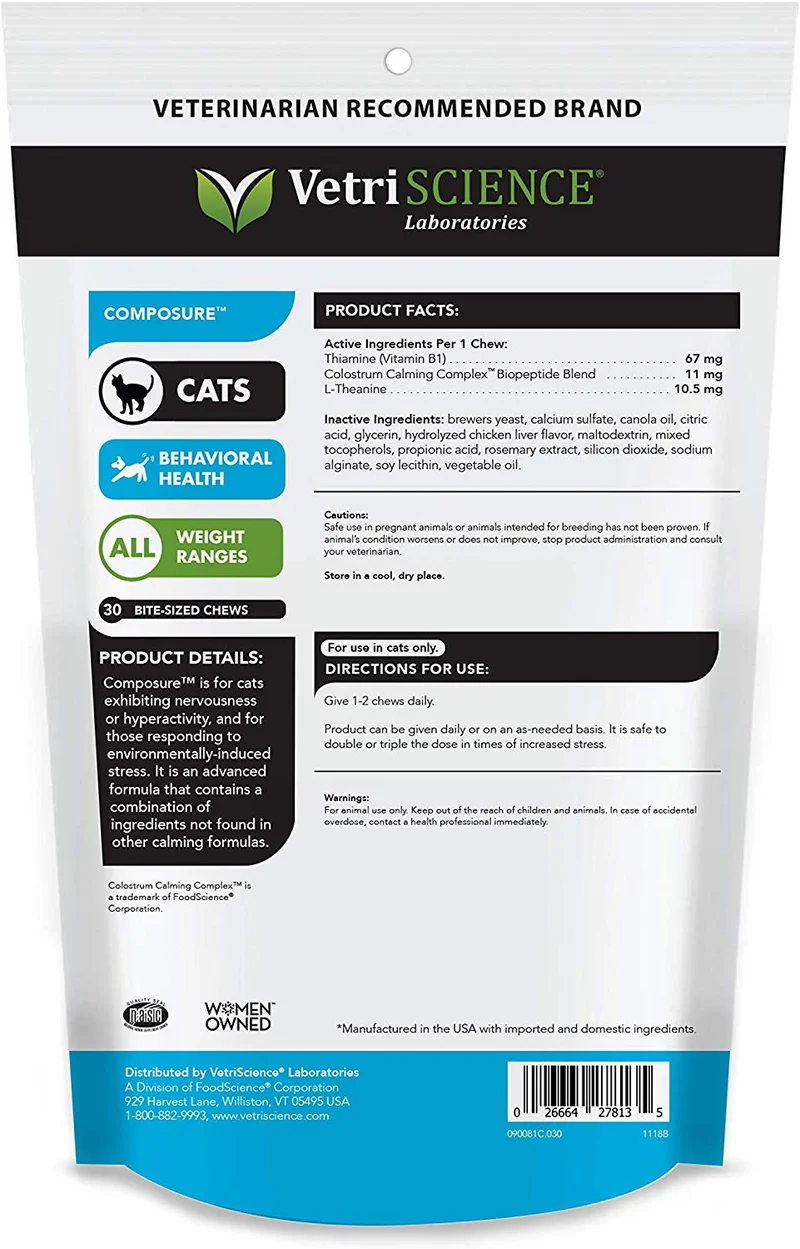 VetriScience Laboratories Composure, Fórmula calmante para gatos, 30 mordeduras de tamaño de mordida