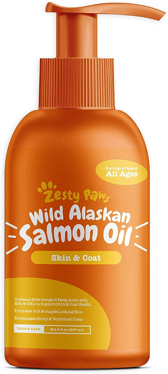 Zesty Paws Aceite de salmón puro salvaje para perros y gatos – Apoya la función articular, inmune y salud del corazón – Suplemento de alimentos líquidos Omega 3 para mascotas – Todos los ácidos grasos naturales EPA + DHA para piel y abrigo
