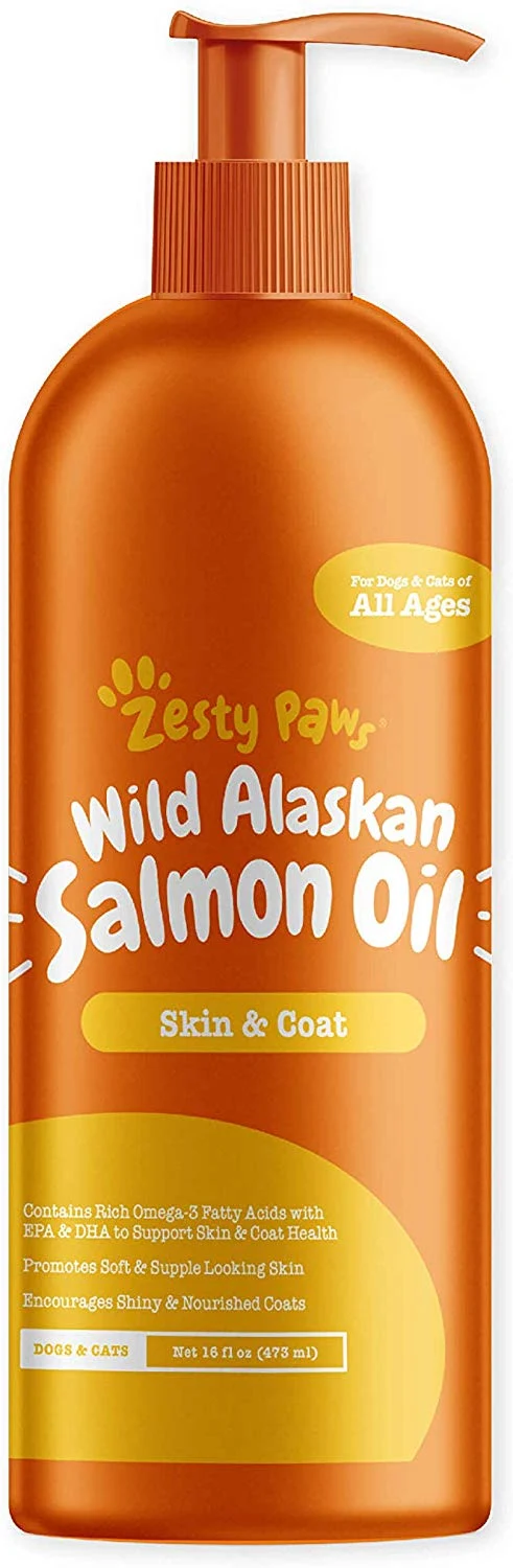 Zesty Paws Aceite de salmón puro salvaje para perros y gatos – Apoya la función articular, inmune y salud del corazón – Suplemento de alimentos líquidos Omega 3 para mascotas – Todos los ácidos grasos naturales EPA + DHA para piel y abrigo