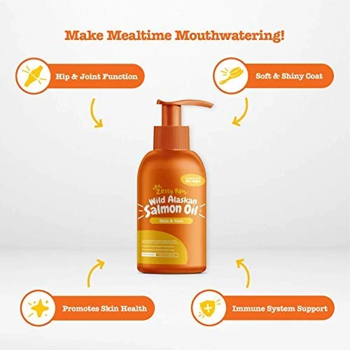 Zesty Paws Aceite de salmón puro salvaje para perros y gatos – Apoya la función articular, inmune y salud del corazón – Suplemento de alimentos líquidos Omega 3 para mascotas – Todos los ácidos grasos naturales EPA + DHA para piel y abrigo