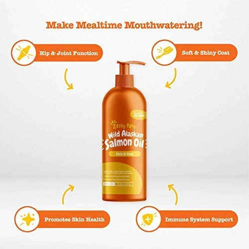 Zesty Paws Aceite de salmón puro salvaje para perros y gatos – Apoya la función articular, inmune y salud del corazón – Suplemento de alimentos líquidos Omega 3 para mascotas – Todos los ácidos grasos naturales EPA + DHA para piel y abrigo