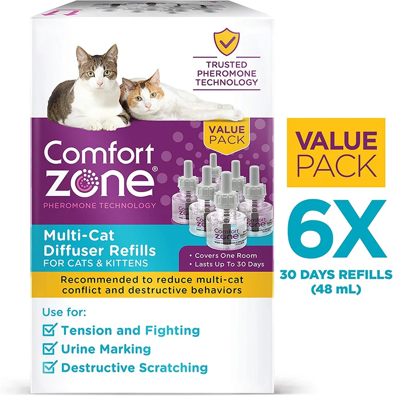 Comfort Zone MultiCat Calming Diffuser Refill Only, New 2X Pheromones for Cats Formula 6 Pack
