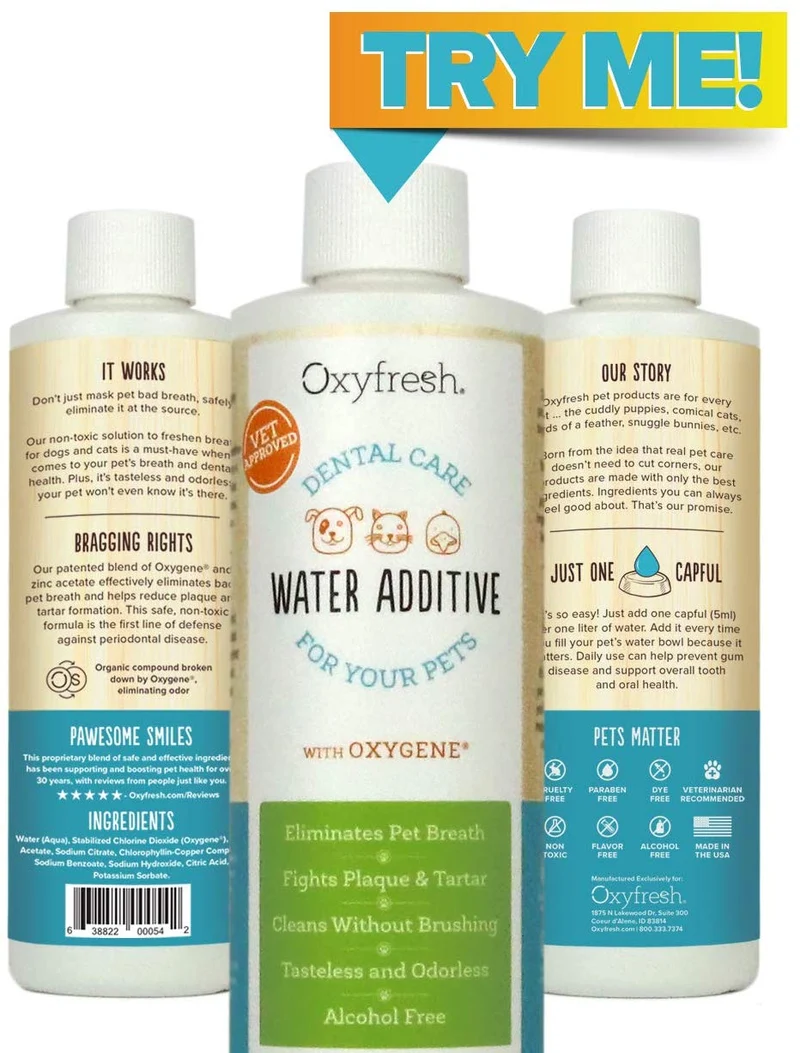 Oxyfresh Premium Pet Dental Care Solution: la mejor manera de eliminar el mal aliento de perro y el aliento de gato – lucha contra el tártaro, la placa y la enfermedad de las encías. - ¡Tan fácil, sólo tienes que añadir al agua! Recomendado por Vet.